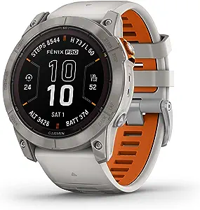 Garmin, fenix 7 Pro Sapphire Solar, Watch, Watch Color: Titanium, Wristband: Fog Grey/ Ember Orange - Silicone - Arvada Triathlon Company