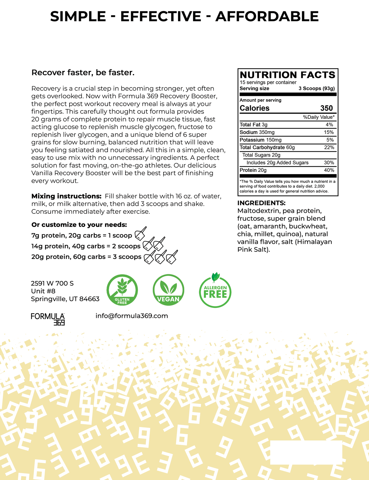 Formula 369 Recovery Booster - Vegan 3:1 carb to protein drink mix - Arvada Triathlon Company