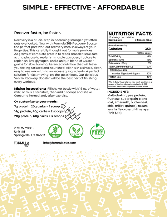 Formula 369 Recovery Booster - Vegan 3:1 carb to protein drink mix - Arvada Triathlon Company