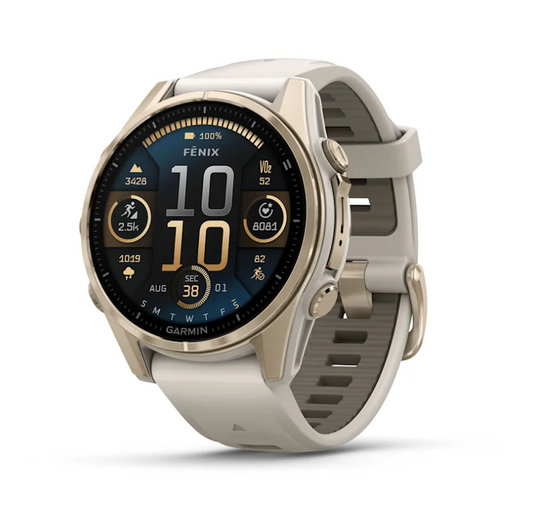 fēnix® 8 – 43 mm, AMOLED Sapphire, Soft Gold with Fog Gray/Dark Sandstone Silicone Band