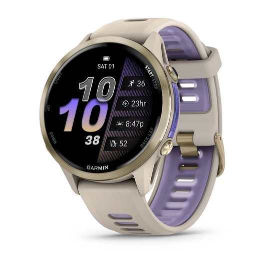 Forerunner® 970 Soft Gold Titanium with French Gray Case and French Gray/Translucent Indigo Band - Arvada Triathlon Company