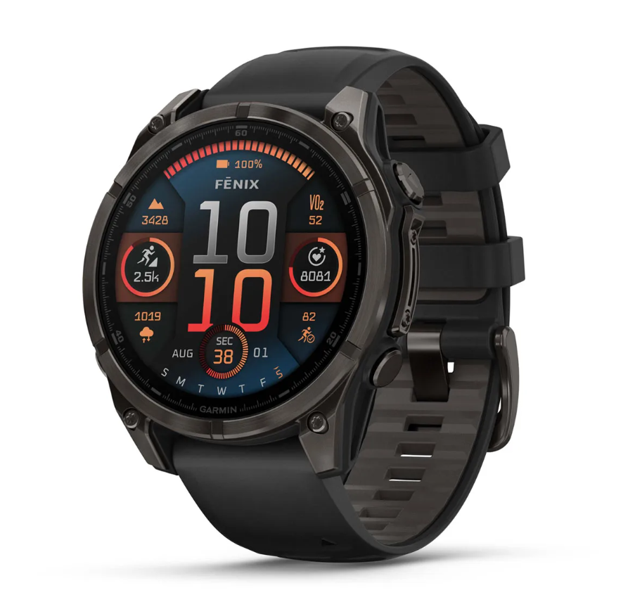 Garmin fenix 8 – 47 mm, AMOLED, Sapphire, Carbon Gray DLC Titanium with Black/Pebble Gray Silicone - Arvada Triathlon Company